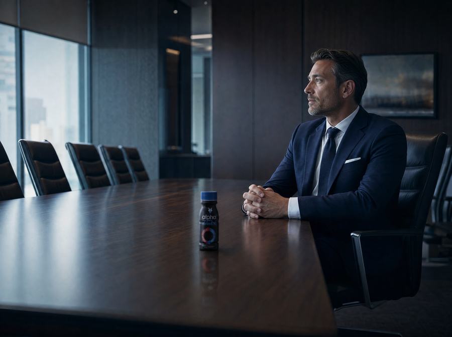 A man seated alone at a boardroom table before a meeting
