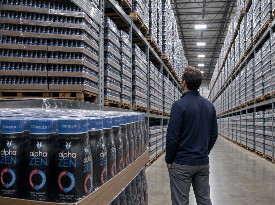 A warehouse aisle stacked with trays of Alpha Zen bottles