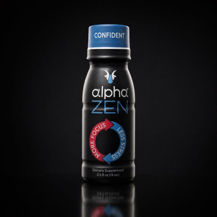 Alpha Zen 2.5 fl oz shot, front label