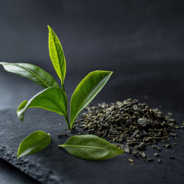 Green tea leaves on dark slate