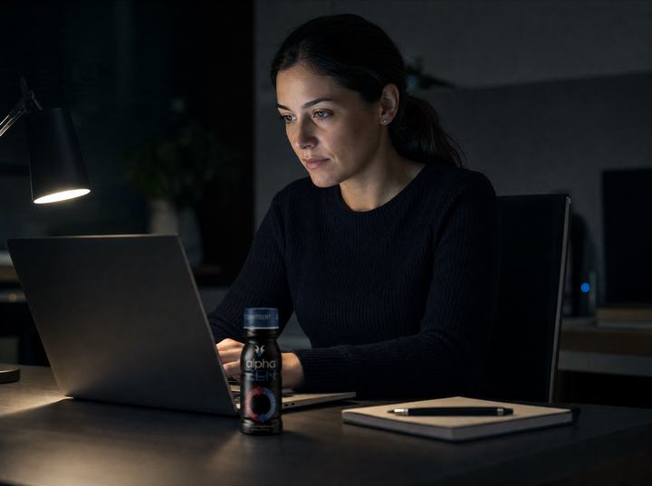 A professional working late in deep concentration