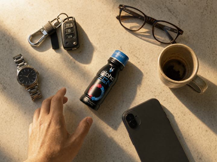 Keys, watch, glasses and a cold coffee on a kitchen counter at dawn, a hand reaching for the bottle